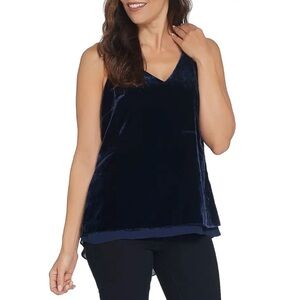NWOT Lisa Rinna Collection Velvet Tank with Chiffon Trim in Navy Size XL